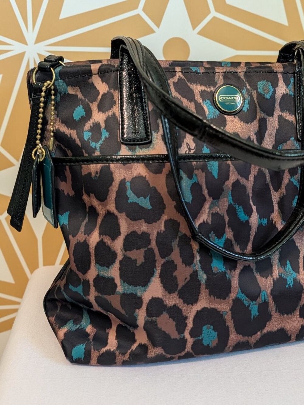 Coach Signature Stripe Ocelot Print Tote Teal